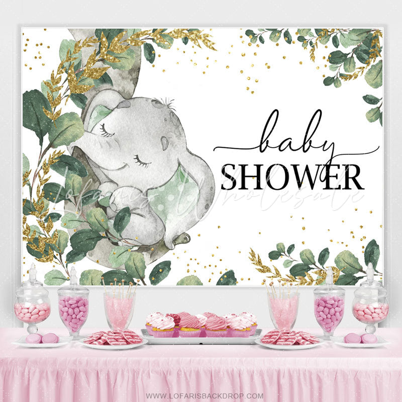 Lofaris Green Gold Leaves Elephant Baby Shower Backdrop