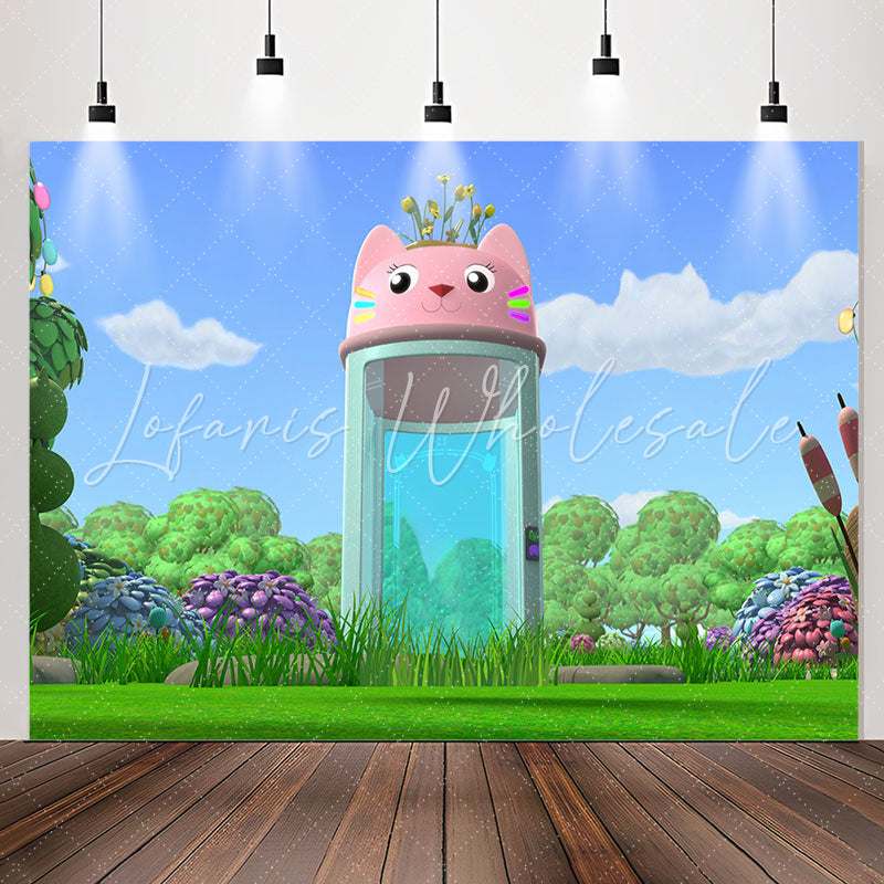 Lofaris Green Grassland Blue Sky Cat Cup Birthday Backdrop