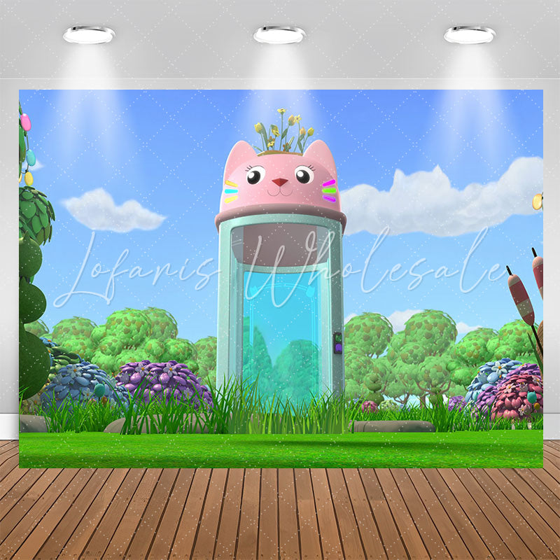 Lofaris Green Grassland Blue Sky Cat Cup Birthday Backdrop