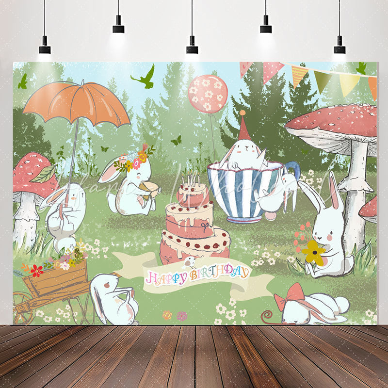 Lofaris Green Grassland Cute Rabbit Happy Birthday Backdrop