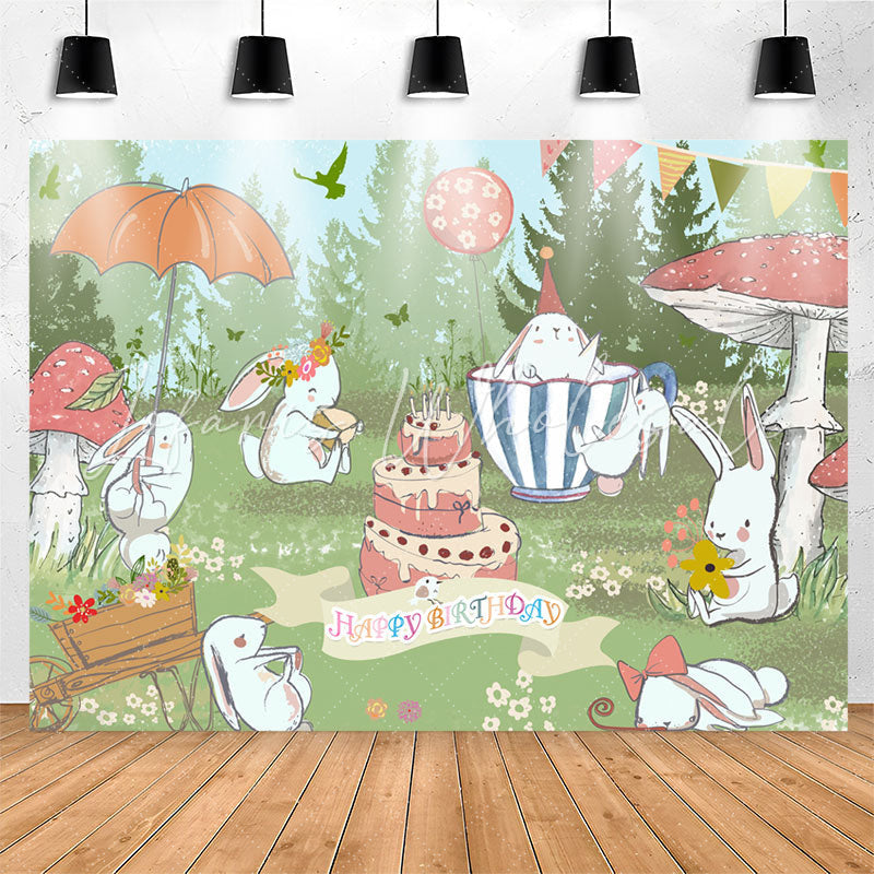 Lofaris Green Grassland Cute Rabbit Happy Birthday Backdrop