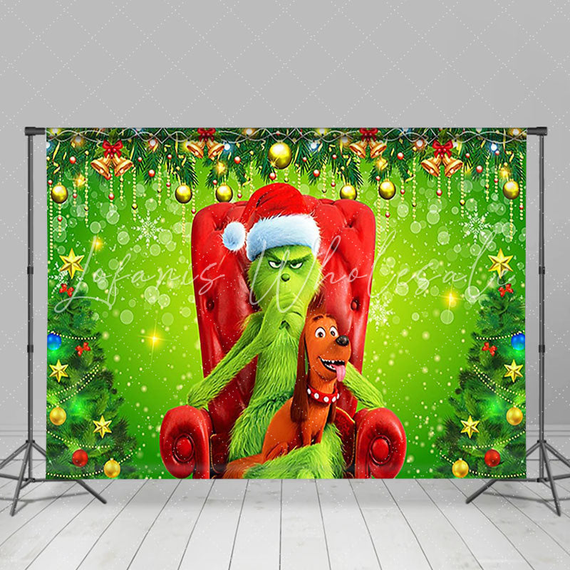 Lofaris Green Grinch And Puppy Bokeh Christmas Backdrop