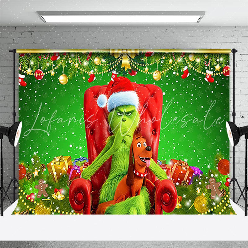 Lofaris Green Grinch And Puppy Glitter Christmas Backdrop