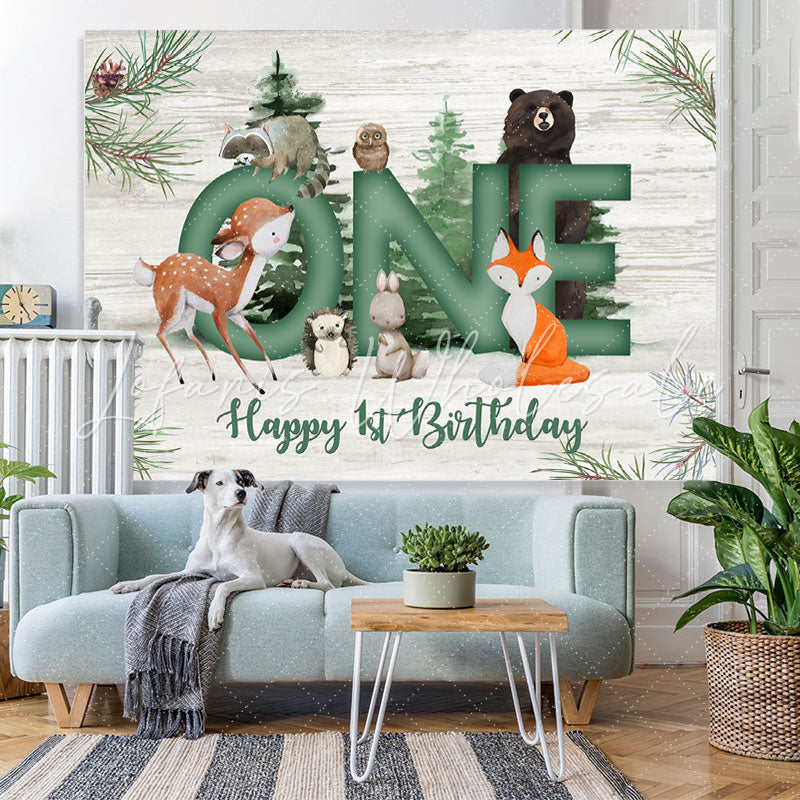 Lofaris Green Jungle Animals Kids Happy 1st Birthday Backdrop