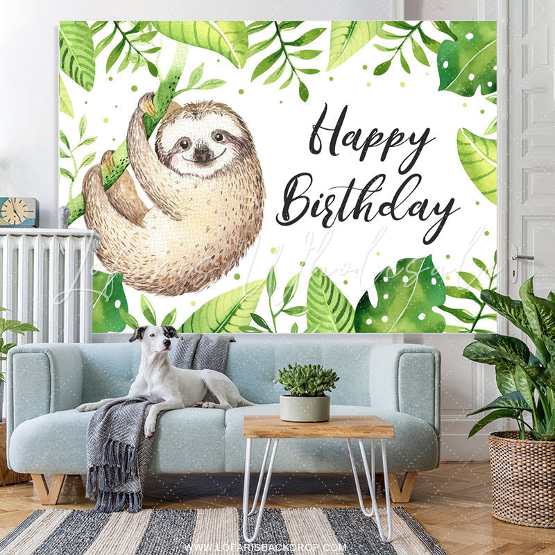 Lofaris Green Leaf And Animal Happy Birthday Backdrop For Kids