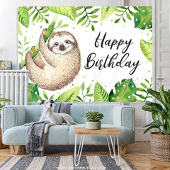Lofaris Green Leaf And Animal Happy Birthday Backdrop For Kids
