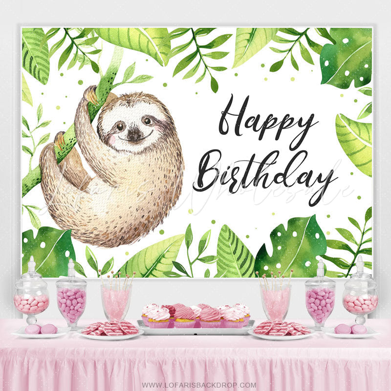 Lofaris Green Leaf And Animal Happy Birthday Backdrop For Kids