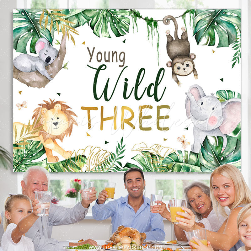 Lofaris Green Leaf And Animals Young Wild Three Birthday Backdrop