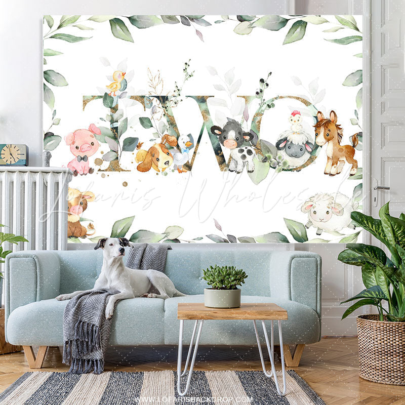 Lofaris Green Leaf And Cute Animals Happy 2nd Birthday Backdrop