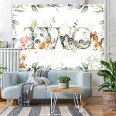 Lofaris Green Leaf And Cute Animals Happy 2nd Birthday Backdrop