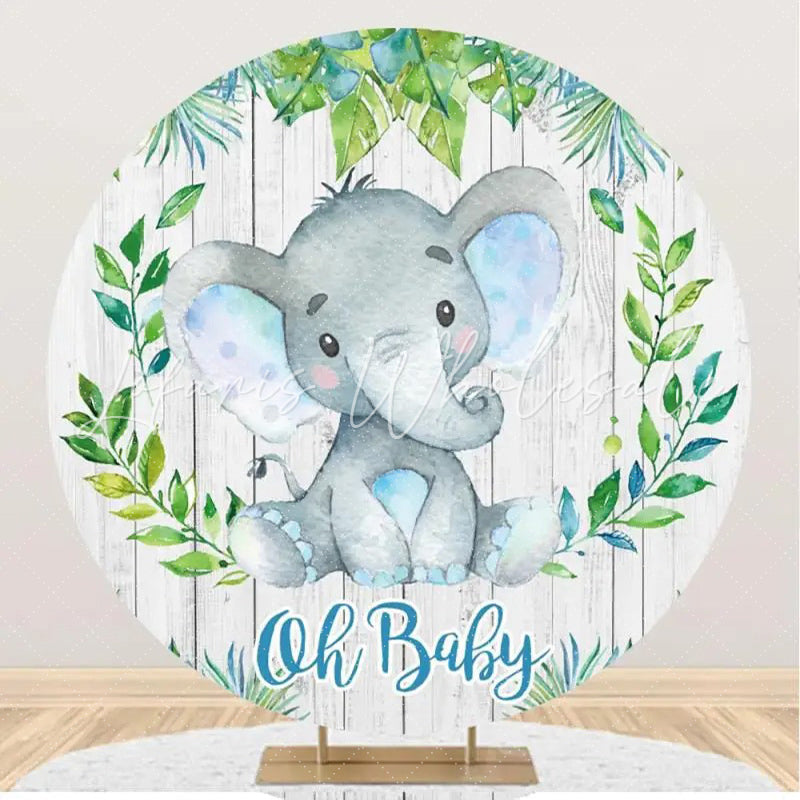 Lofaris Green Leaf Elephant Wood Round Baby Shower Backdrop