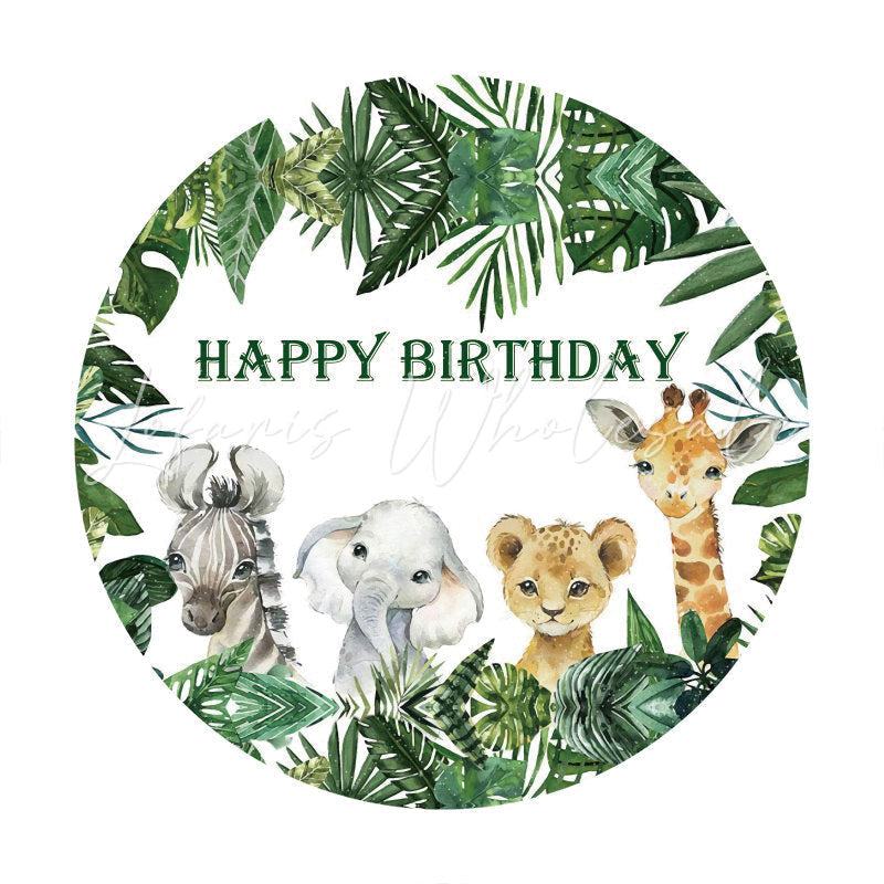 Lofaris Green Leaves And Animals Round Kids Birthday Backdrop