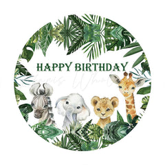 Lofaris Green Leaves And Animals Round Kids Birthday Backdrop