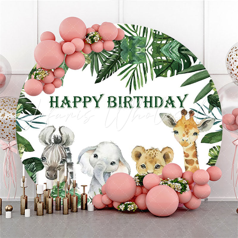 Lofaris Green Leaves And Animals Round Kids Birthday Backdrop
