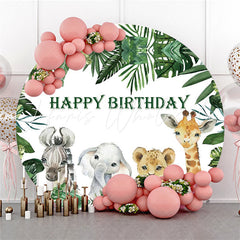 Lofaris Green Leaves And Animals Round Kids Birthday Backdrop