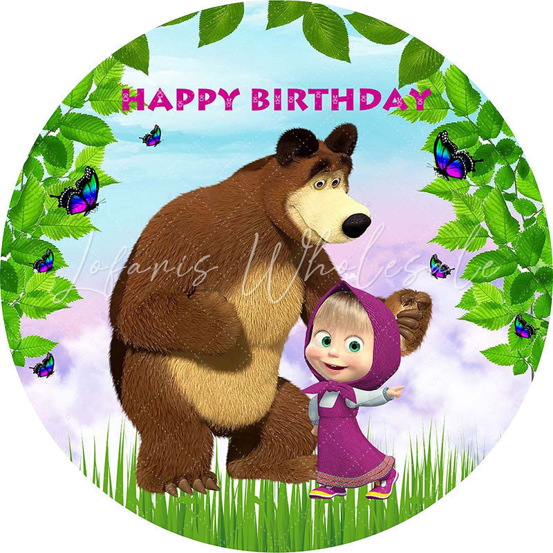 Lofaris Green Leaves And Bear Round Girls Birthday Backdrop