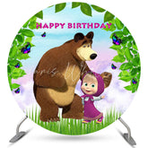 Lofaris Green Leaves And Bear Round Girls Birthday Backdrop
