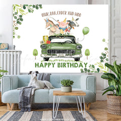 Lofaris Green Leaves And Car With Animal Happy Birthday Backdrop