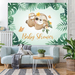 Lofaris Green Leaves And Cute Sloth Baby Shower Backdrop Banner