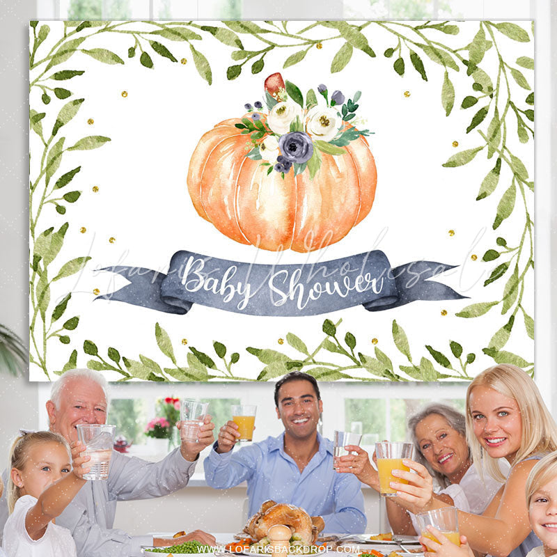 Lofaris Green Leaves And Floral Pumpkin Baby Shower Backdrop