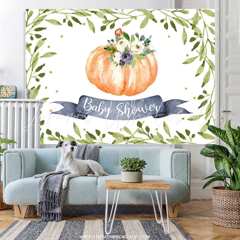 Lofaris Green Leaves And Floral Pumpkin Baby Shower Backdrop