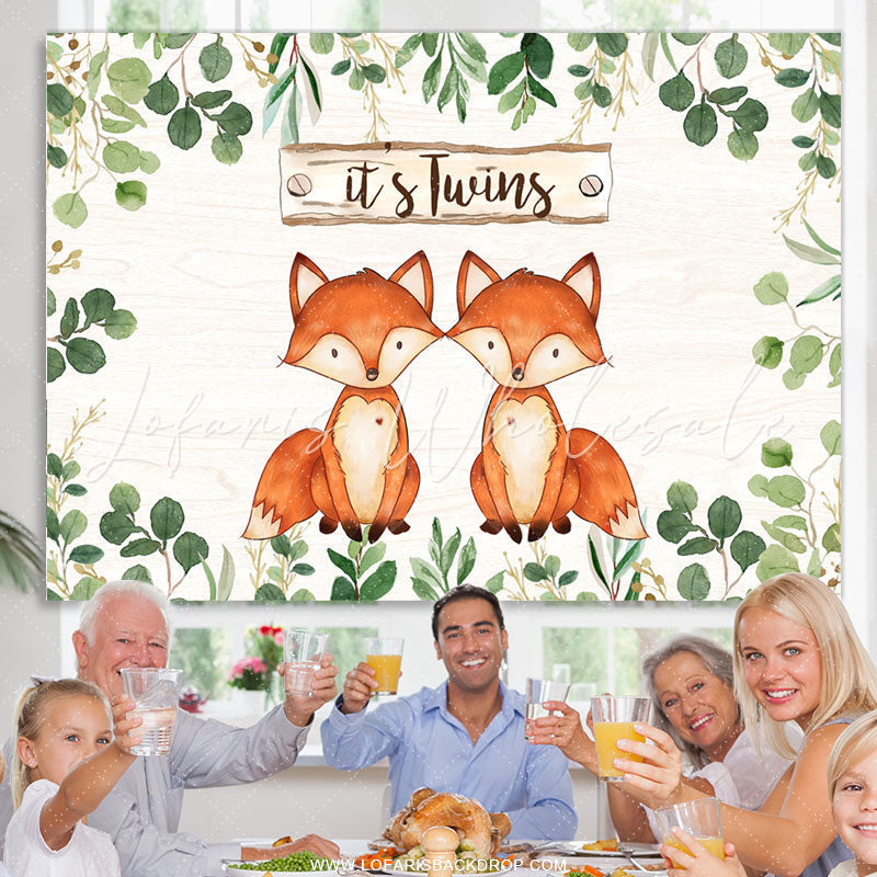 Lofaris Green Leaves And Foxes Its Twins Baby Shower Backdrop