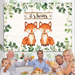 Lofaris Green Leaves And Foxes Its Twins Baby Shower Backdrop