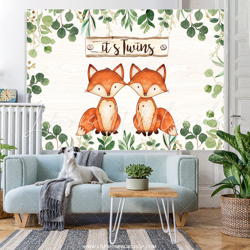 Lofaris Green Leaves And Foxes Its Twins Baby Shower Backdrop