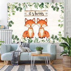 Lofaris Green Leaves And Foxes Its Twins Baby Shower Backdrop