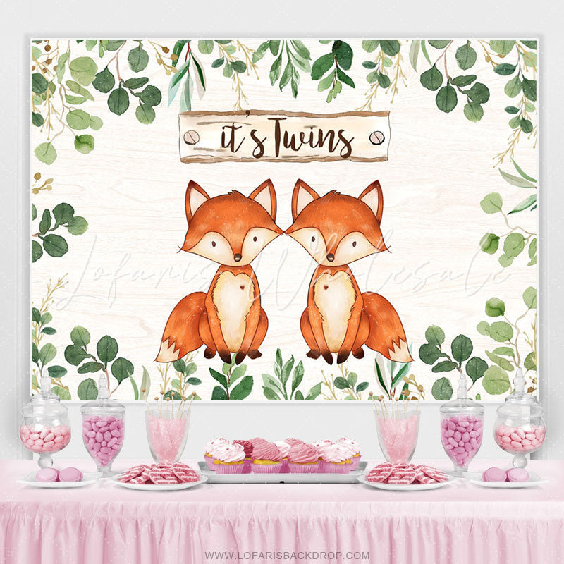 Lofaris Green Leaves And Foxes Its Twins Baby Shower Backdrop