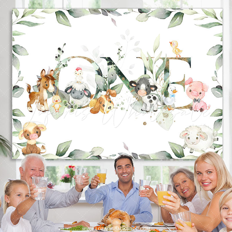 Lofaris Green Leaves And Little Animals 1st Birthday Backdrop