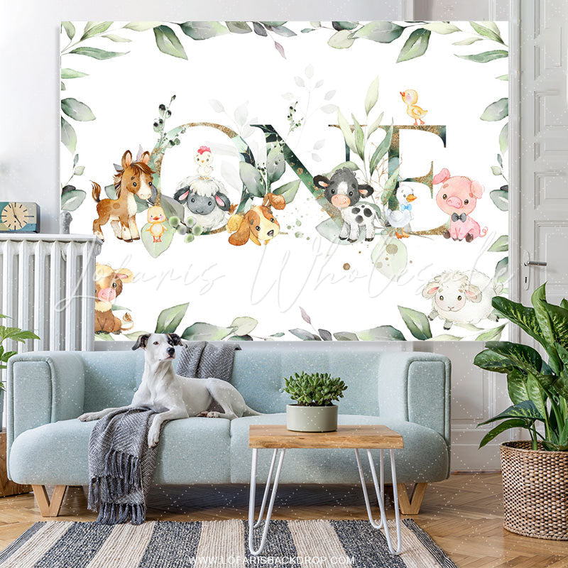 Lofaris Green Leaves And Little Animals 1st Birthday Backdrop