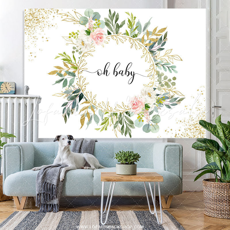 Lofaris Green Leaves And Oh Baby Gold Glitter Shower Backdrop