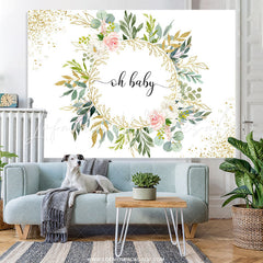 Lofaris Green Leaves And Oh Baby Gold Glitter Shower Backdrop