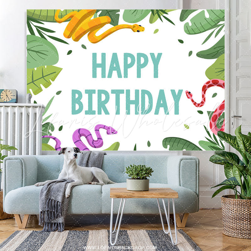 Lofaris Green Leaves And Snake Happy Birthday Backdrop Banner