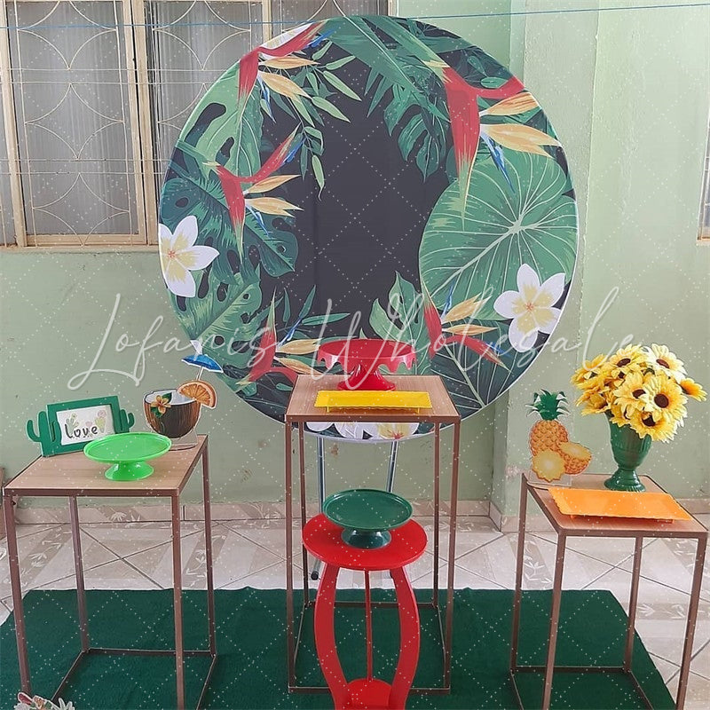 Lofaris Green Leaves And White Floral Round Birthday Backdorp