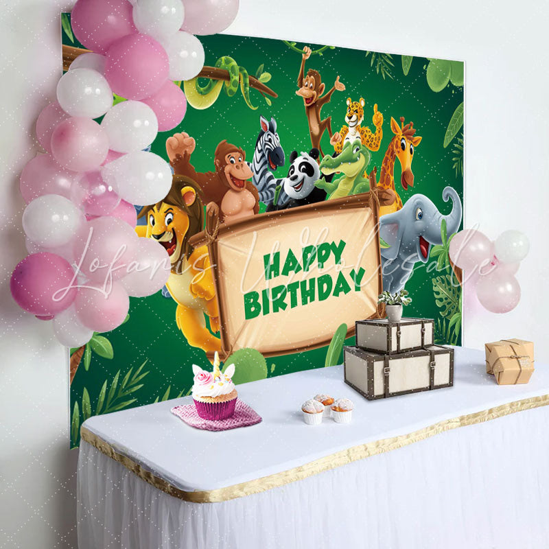 Lofaris Green Leaves Animals Wood Sign Birthday Backdrop