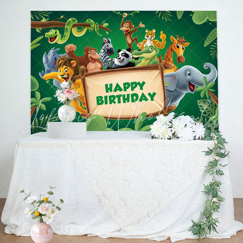 Lofaris Green Leaves Animals Wood Sign Birthday Backdrop