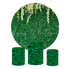 Green Leaves Birthday Party Round Backdrop Cover Plinth Cylinder Pedestal Cover