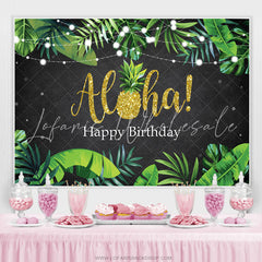 Lofaris Green Leaves Glitter Alha Black Happy Birthday Backdrop