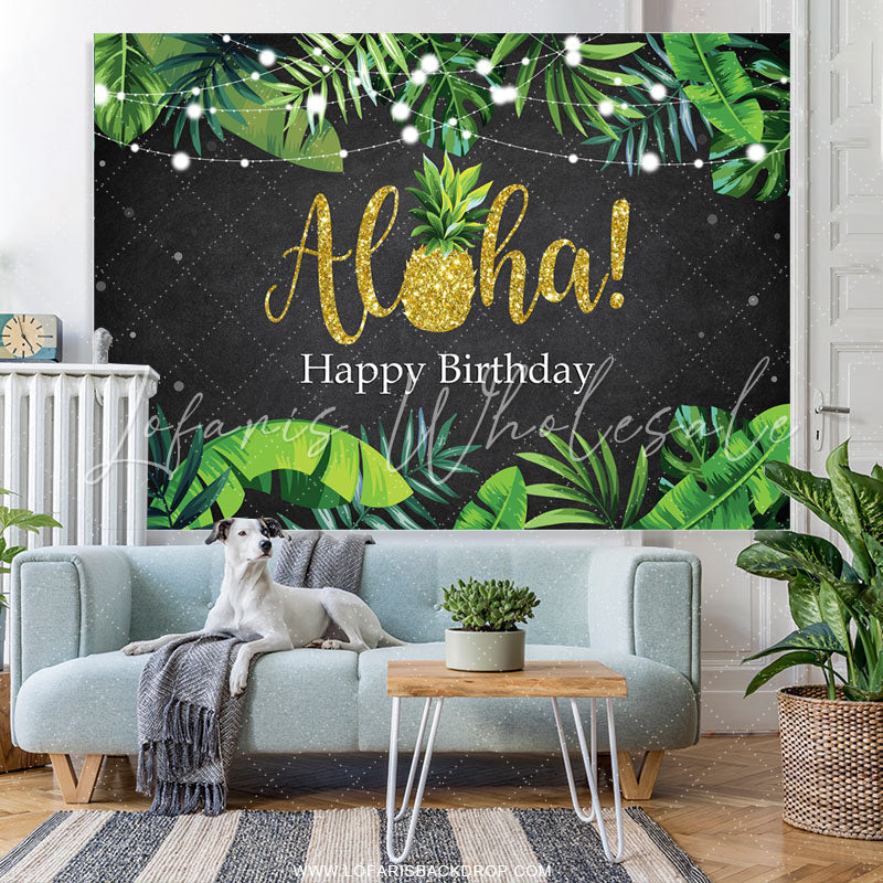 Lofaris Green Leaves Glitter Alha Black Happy Birthday Backdrop