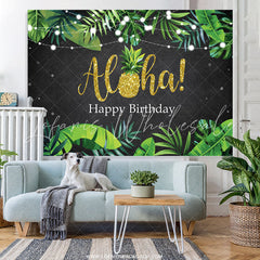 Lofaris Green Leaves Glitter Alha Black Happy Birthday Backdrop