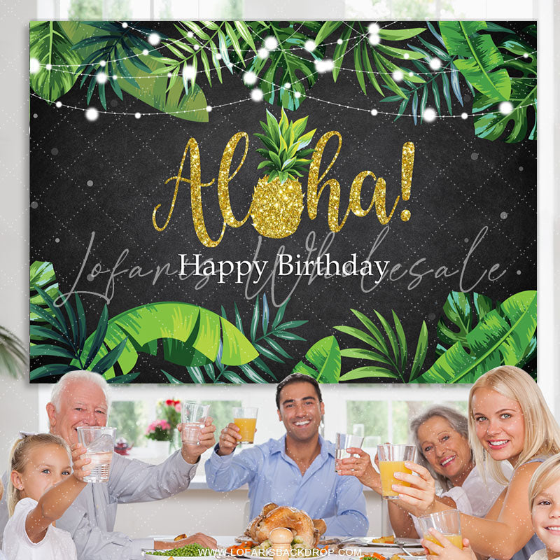 Lofaris Green Leaves Glitter Alha Black Happy Birthday Backdrop