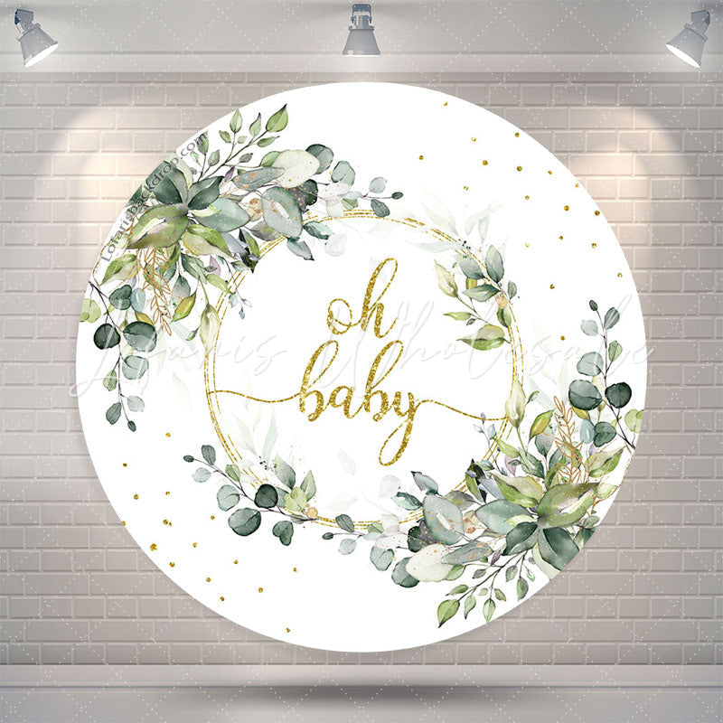 Lofaris Green Leaves Gold Glitter Round Baby Shower Backdrop