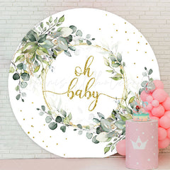 Lofaris Green Leaves Gold Glitter Round Baby Shower Backdrop
