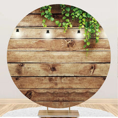 Lofaris Green Leaves Light Wood Wall Round Birthday Backdrop