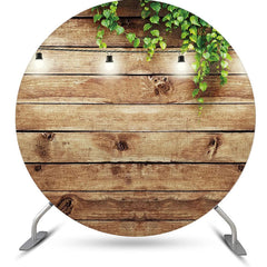Lofaris Green Leaves Light Wood Wall Round Birthday Backdrop
