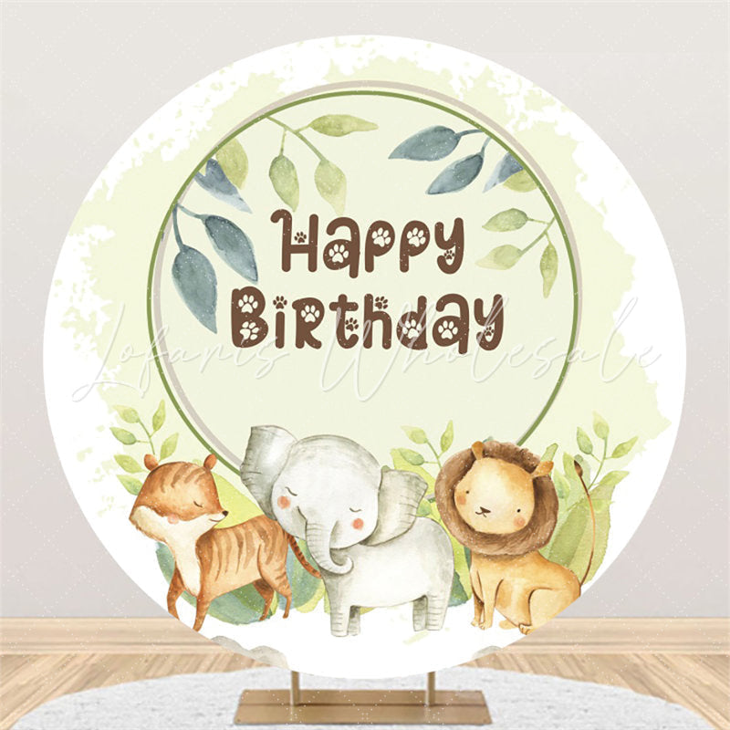 Lofaris Green Leaves Round Animals Happy Birthday Backdrop