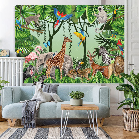 Lofaris Green Leaves Safari Animals Birthday Party Backdrop