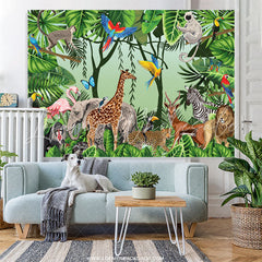 Lofaris Green Leaves Safari Animals Birthday Party Backdrop